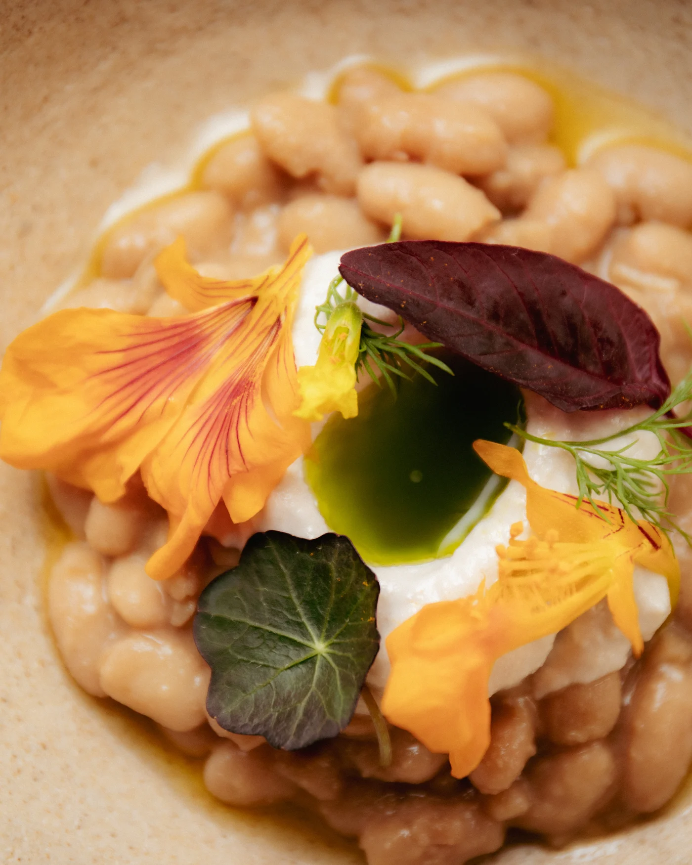 white beans with nasturtium flowers, VENN Canteen