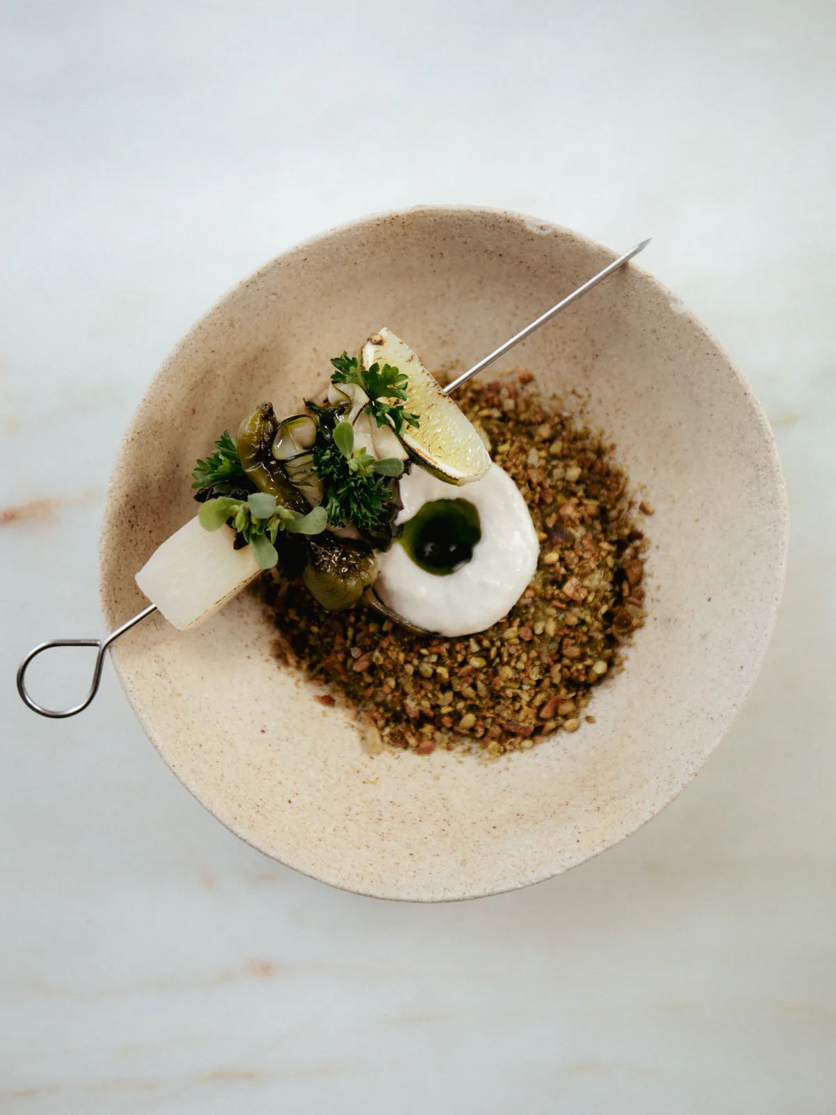 green skewers · creamy polenta · seed dukkah