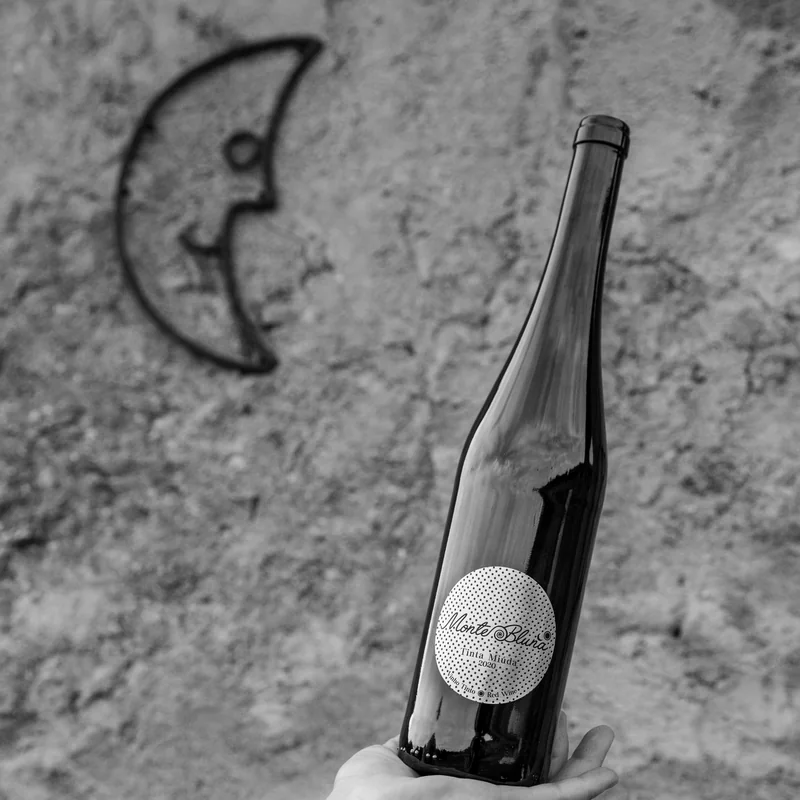a hand holding up the bottle beside an iron moon on a stone wall, in black and white