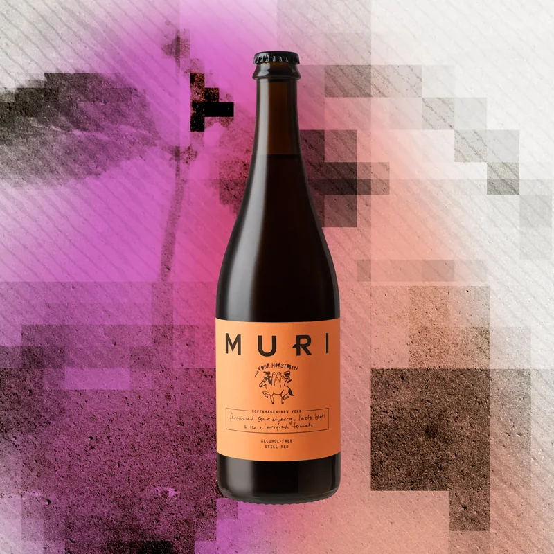 a bottle of MURI × The Four Horsemen against a pink and grey pixelated background