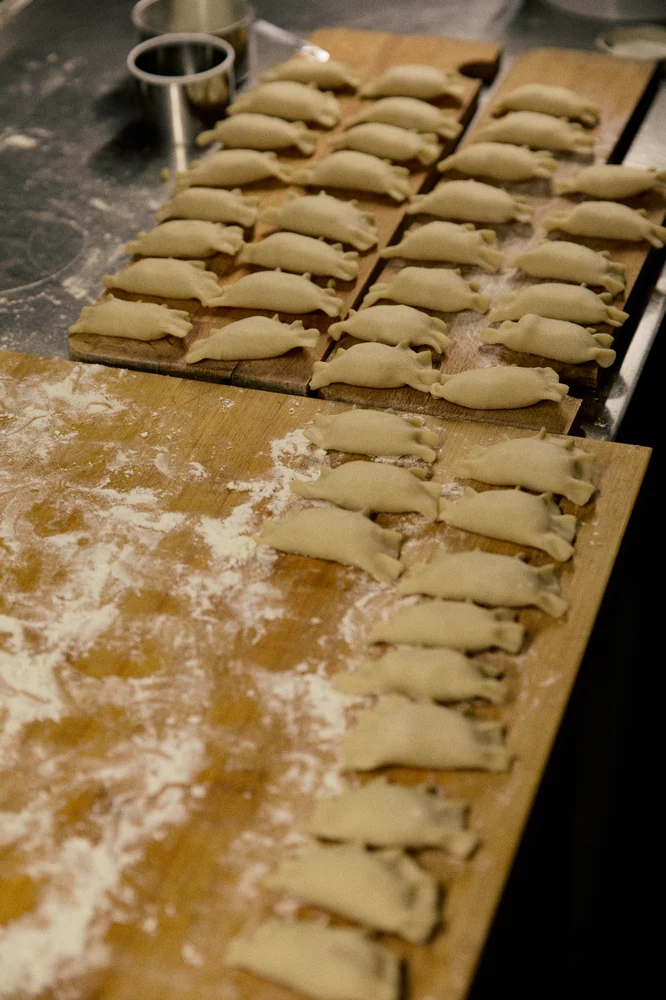 Handmade dumplings prepared in the Venn Canteen kitchen